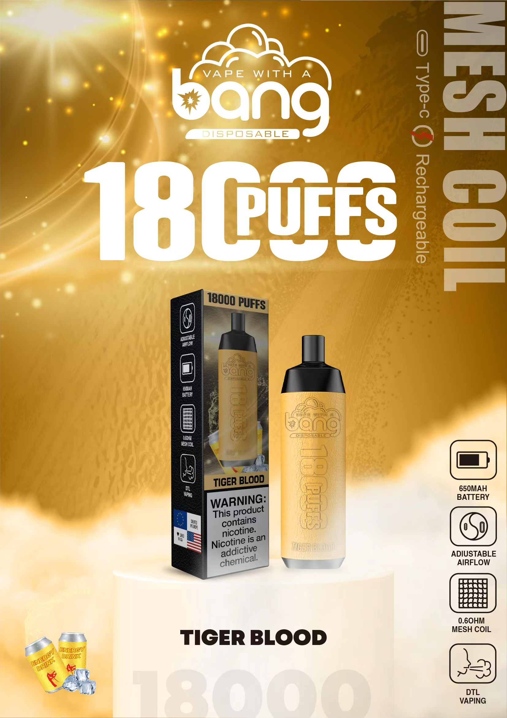 Original Bang Crown Bar 18000 Puffs Vaporizer Rechargeable Battery E-Cigarette