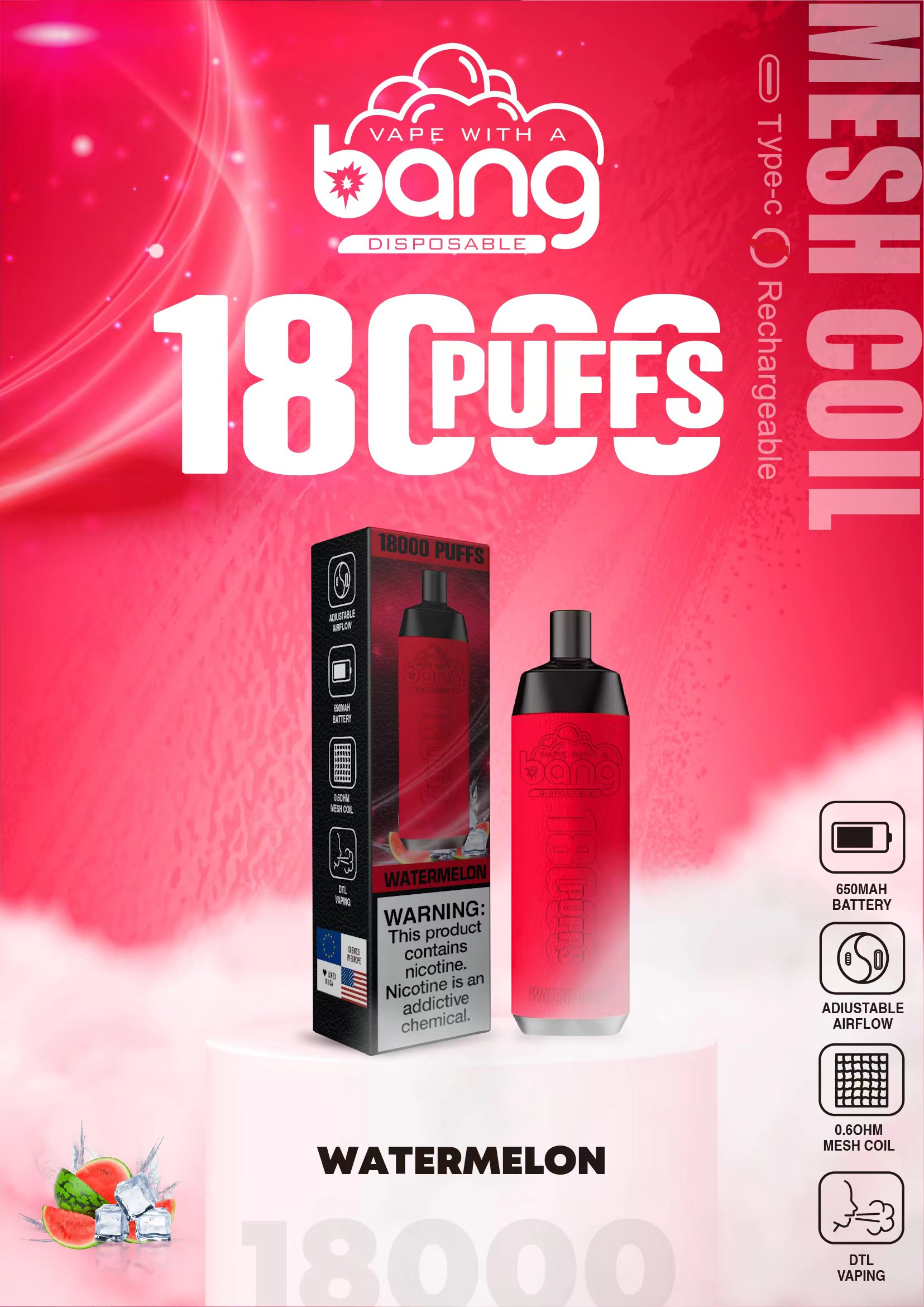 Original Bang Crown Bar 18000 Puffs Vaporizer Rechargeable Battery E-Cigarette
