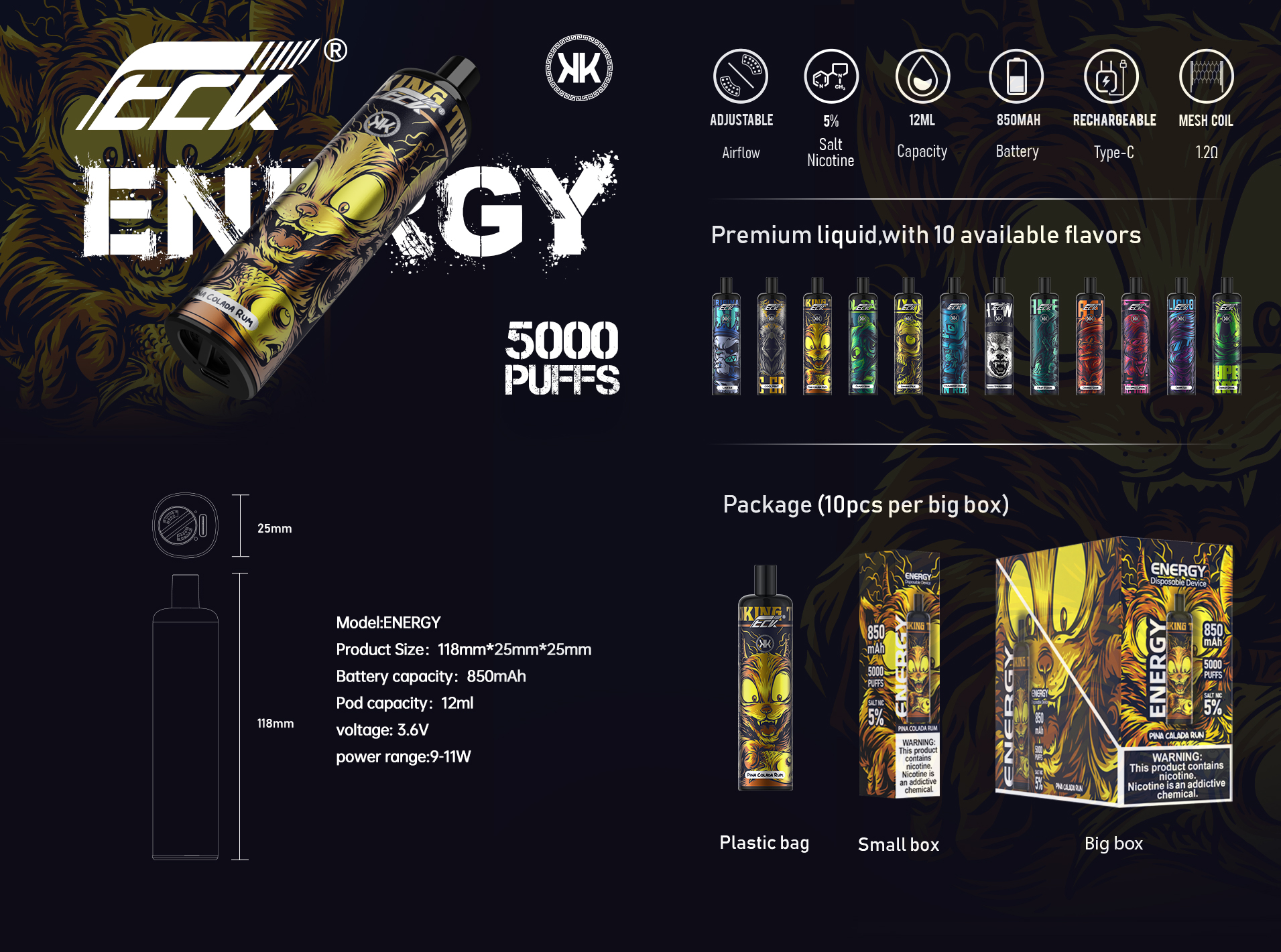 Original Kk D34B 5000 Puffs 12ml Prefilled 850mAh Rechargeable Battery 